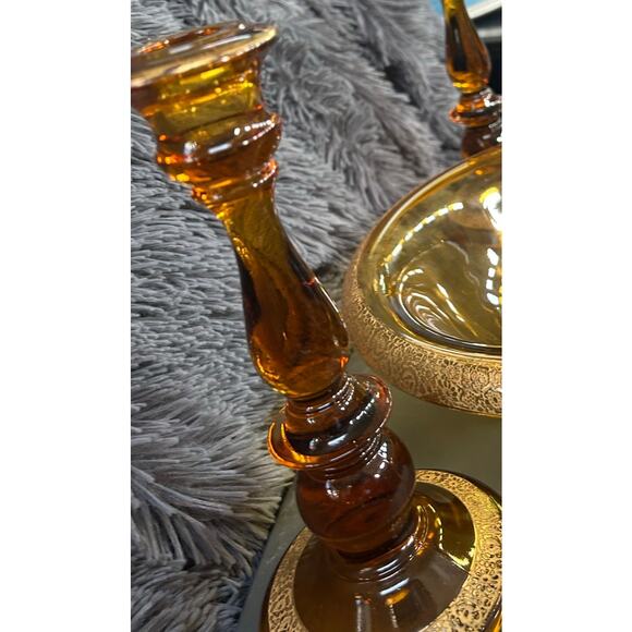 Tiffin Bowl and Candlestick Set Amber Glass Engraved Floral Gold Encrusted MCM - Picture 4 of 8